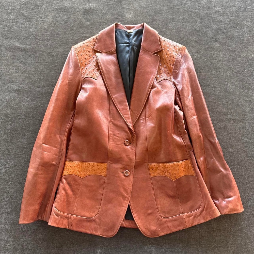 Vintage Western Leather Blazer Ostrich Trim Cognac Brown Cowboy Jacket Size 12